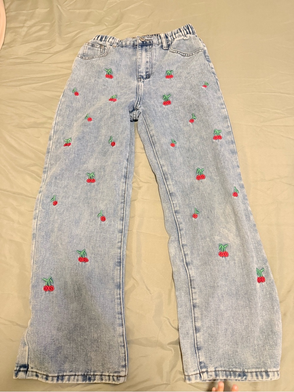 SHEIN Light Wash Jeans with Red Cherry Embroidery